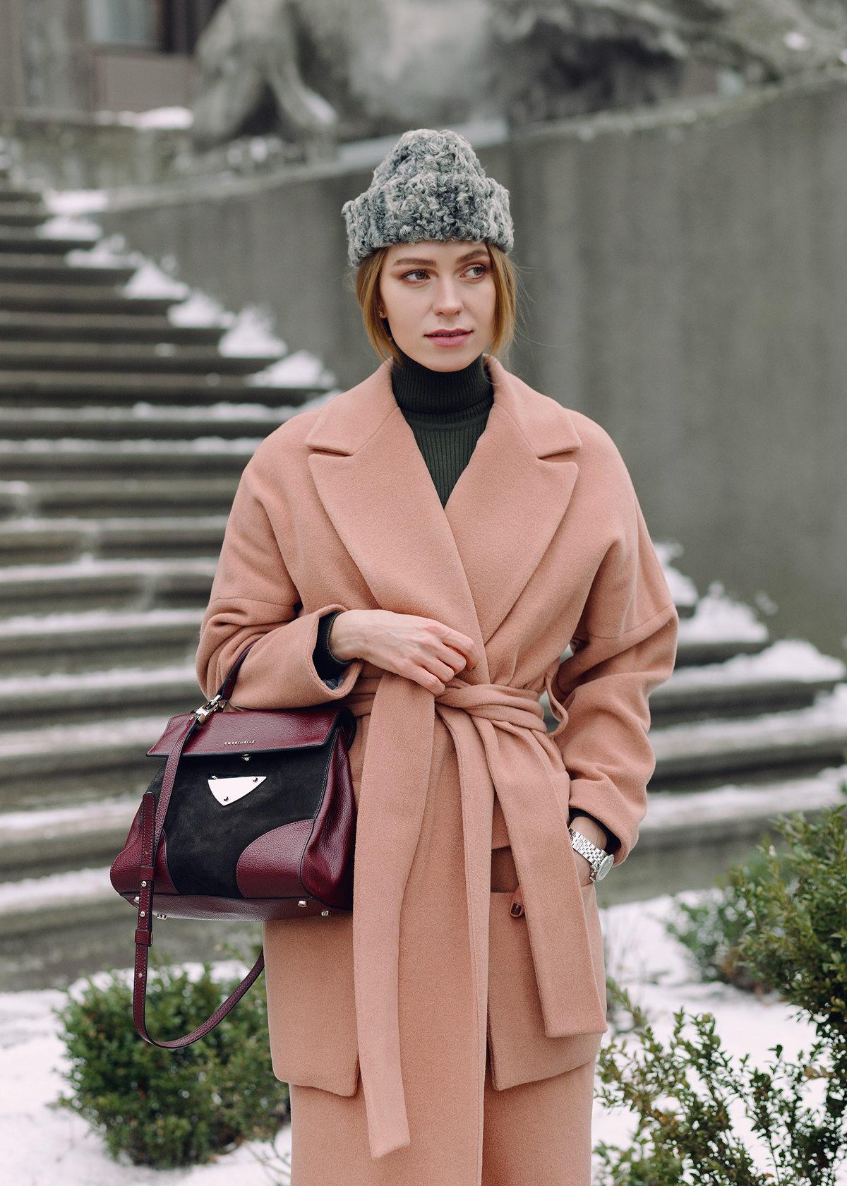 nude spring coat and fur grey hat
